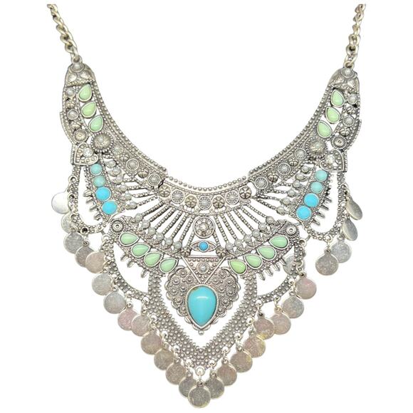 Bohemian Statement Bib Necklace Silver Turquoise Mint Tribal Coin Festival 22.5" - Picture 5 of 5